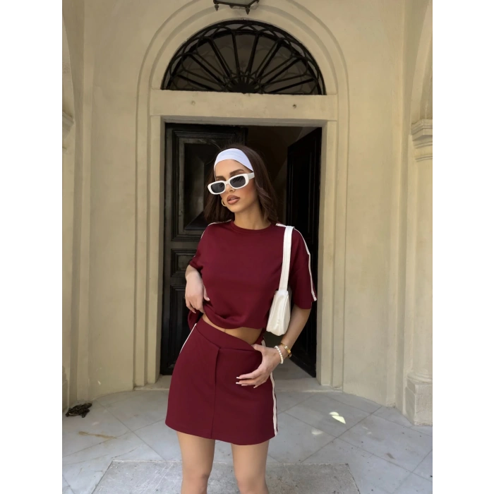 Bordo Şeritli Şort Etekli Modal Takım