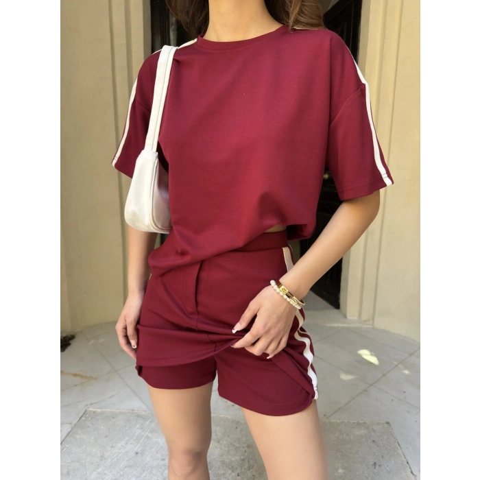 Bordo Şeritli Şort Etekli Modal Takım