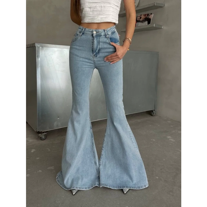 Buz Mavi İspanyol Paça Likralı Kot Pantolon