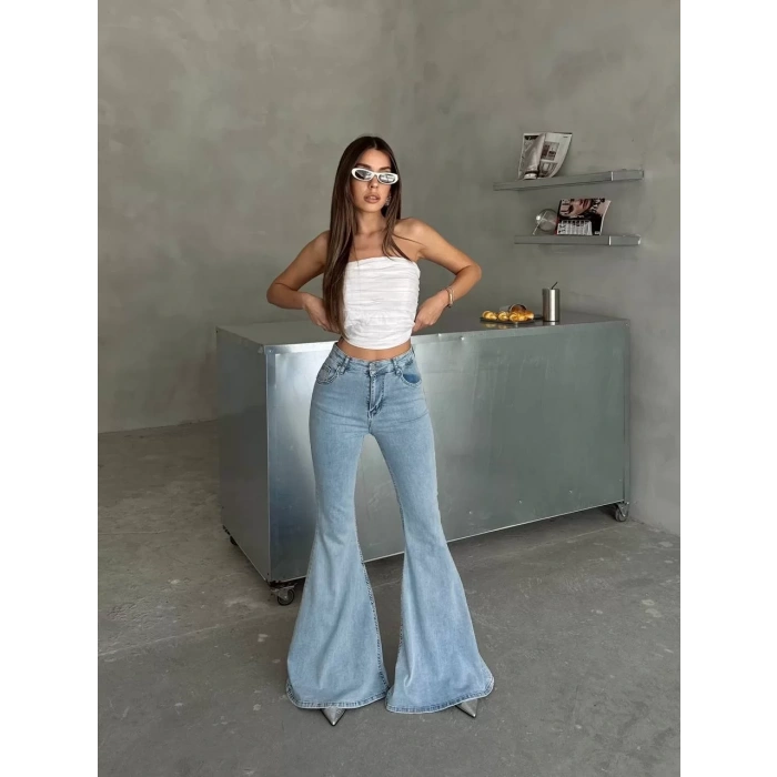 Buz Mavi İspanyol Paça Likralı Kot Pantolon