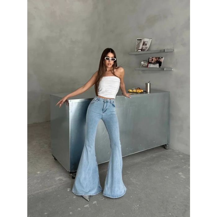 Buz Mavi İspanyol Paça Likralı Kot Pantolon