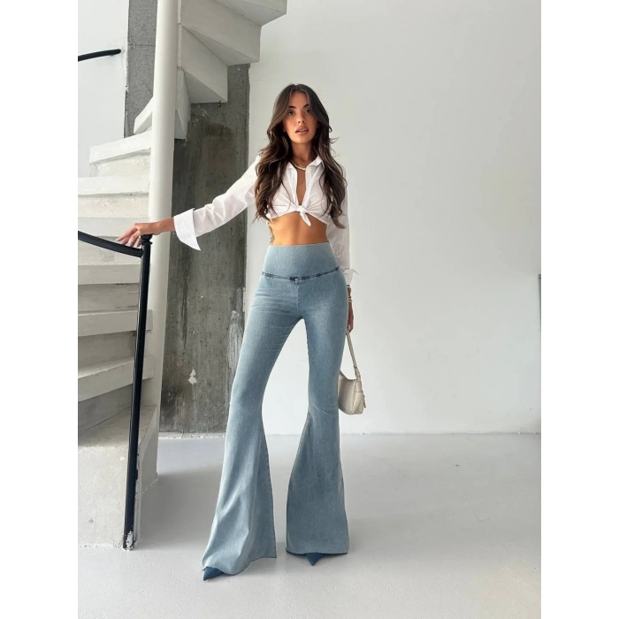 Buz Mavi İspanyol Paça Yüksek Bel Jean Tayt