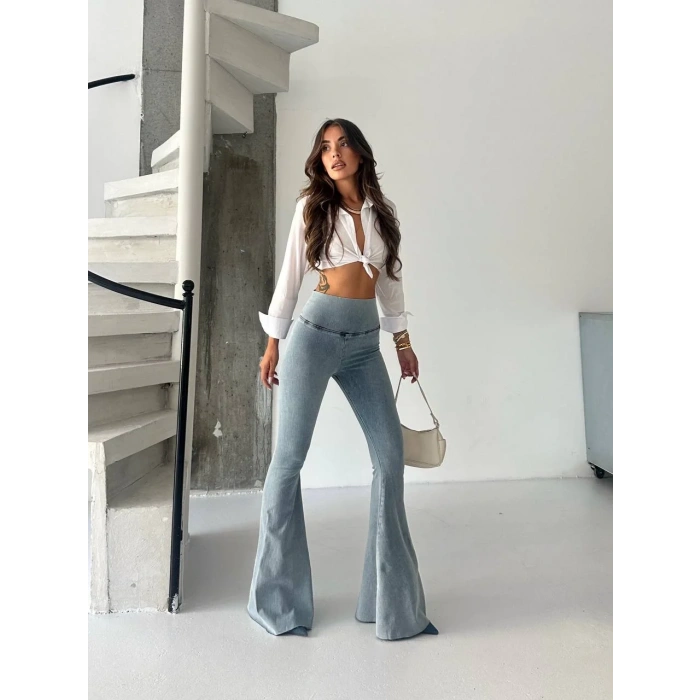 Buz Mavi İspanyol Paça Yüksek Bel Jean Tayt