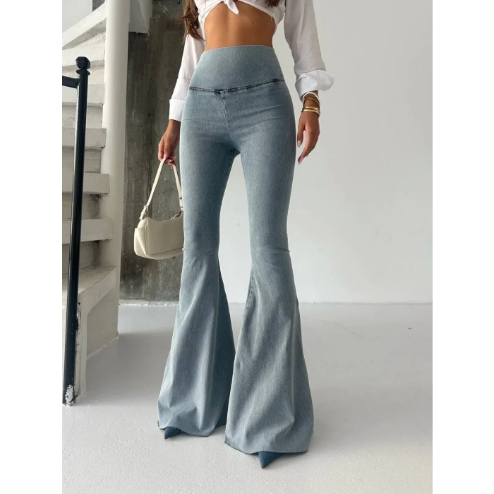 Buz Mavi İspanyol Paça Yüksek Bel Jean Tayt