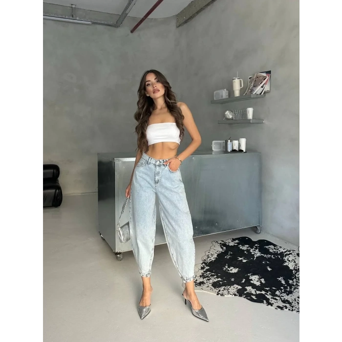 Buz Mavi Paça Toka Detay Denim Pantolon