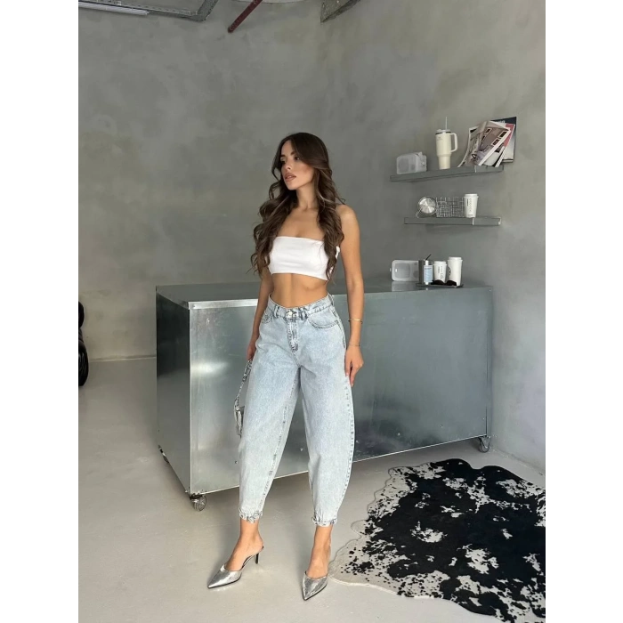 Buz Mavi Paça Toka Detay Denim Pantolon