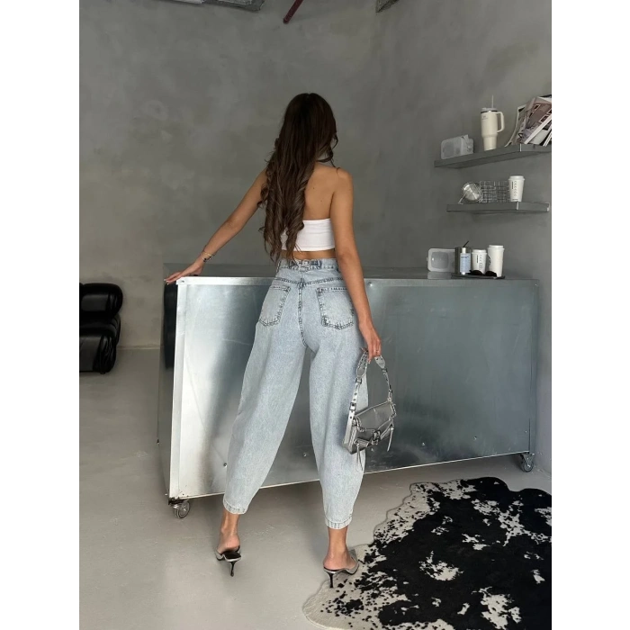 Buz Mavi Paça Toka Detay Denim Pantolon