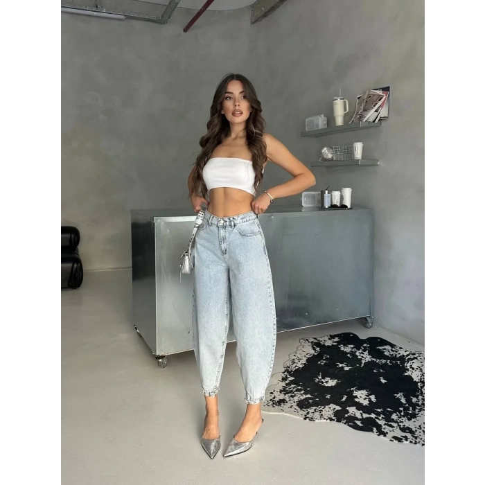 Buz Mavi Paça Toka Detay Denim Pantolon