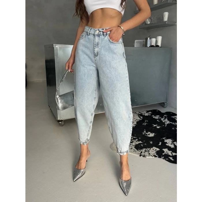 Buz Mavi Paça Toka Detay Denim Pantolon