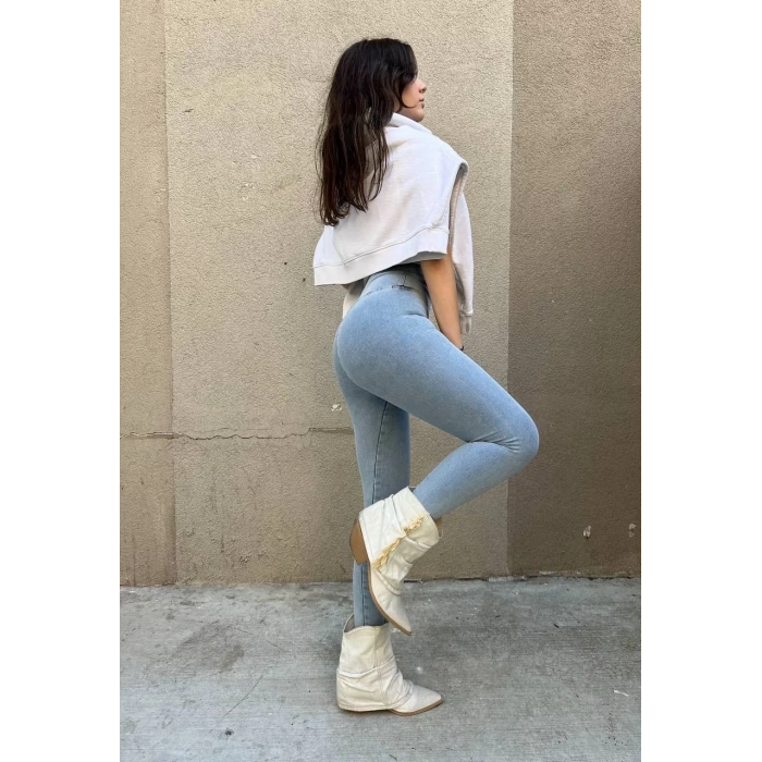 Buz Mavi Yüksek Bel En Boy Likralı Kot Tayt