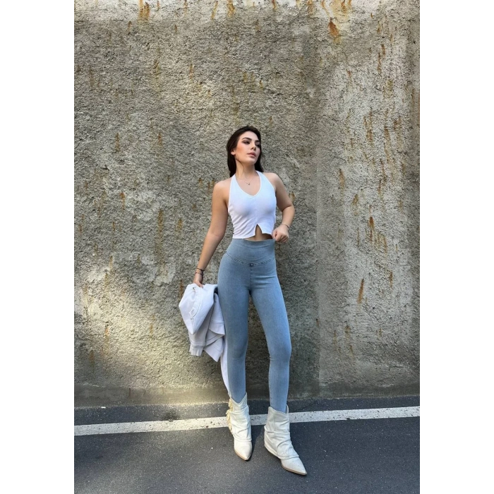 Buz Mavi Yüksek Bel En Boy Likralı Kot Tayt
