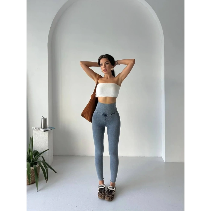 Buz Mavi Yüksel Bel İnceltici ve Sıkılaştırıcı Likralı Kot Tayt