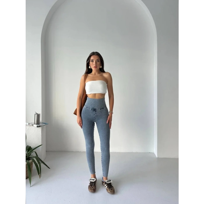 Buz Mavi Yüksel Bel İnceltici ve Sıkılaştırıcı Likralı Kot Tayt