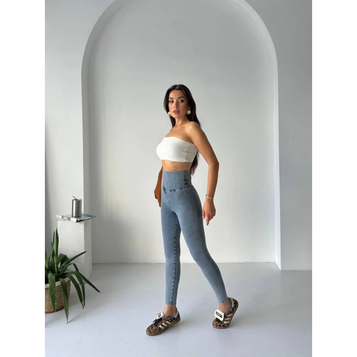 Buz Mavisi Bark Yüksel Bel İnceltici ve Sıkılaştırıcı Kot Tayt