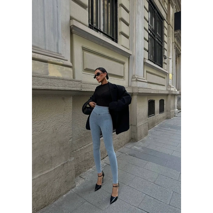 Buz Mavisi Yüksel Bel En Boy Likralı Kot Tayt