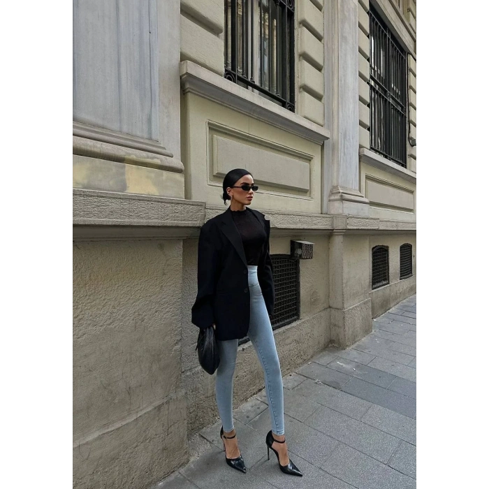 Buz Mavisi Yüksel Bel En Boy Likralı Kot Tayt