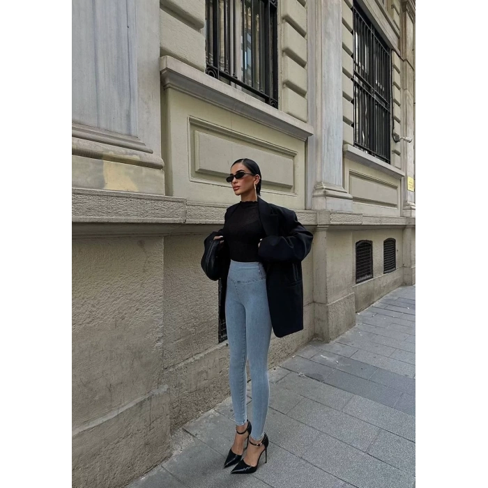 Buz Mavisi Yüksel Bel En Boy Likralı Kot Tayt