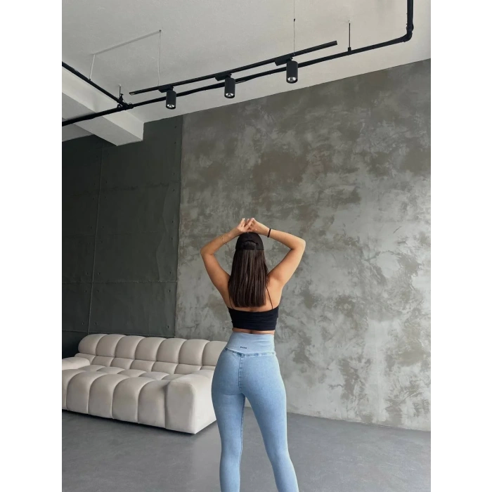 Buz Mavisi Yüksel Bel Esnek Likralı Jean Tayt