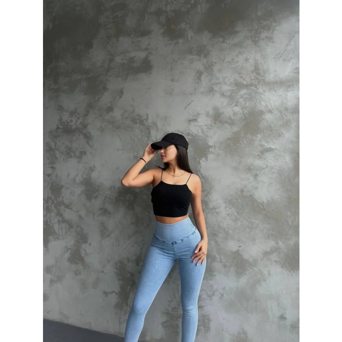 Buz Mavisi Yüksel Bel Esnek Likralı Jean Tayt