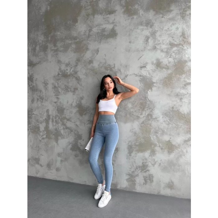 Buz Mavisi Yüksel Bel İnceltici Esnek Likralı Kot Tayt