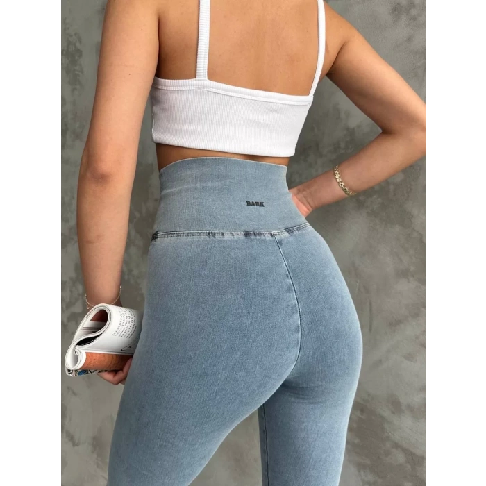 Buz Mavisi Yüksel Bel İnceltici Esnek Likralı Kot Tayt