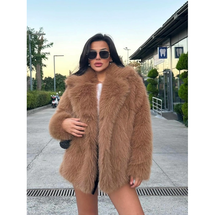 Camel Ceket Yaka Kürk Kaban