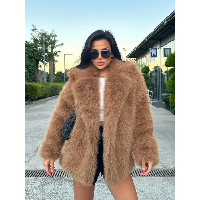 Camel Ceket Yaka Kürk Kaban