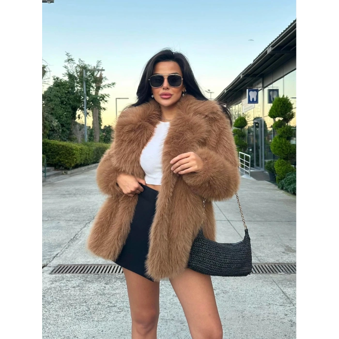 Camel Ceket Yaka Kürk Kaban