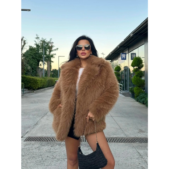 Camel Ceket Yaka Kürk Kaban