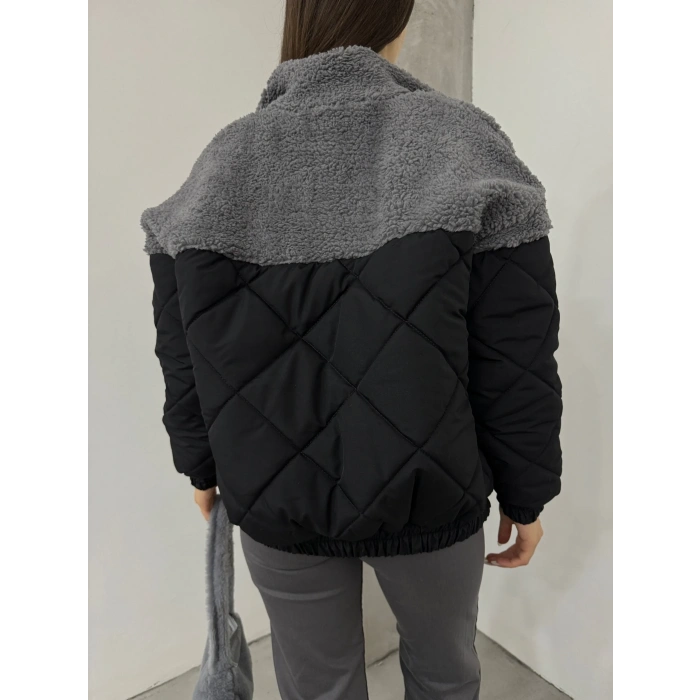 Gri Kapitone İçi Astarlı Kürklü Mont