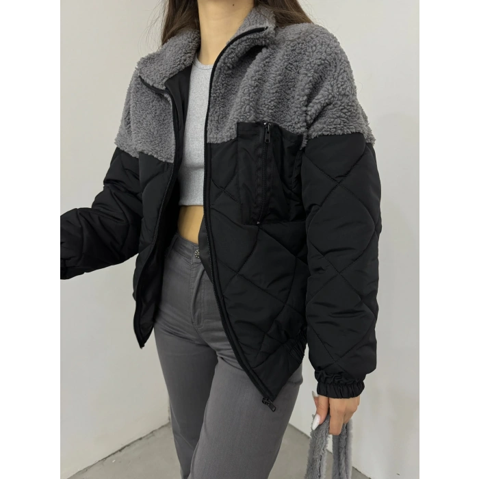 Gri Kapitone İçi Astarlı Kürklü Mont