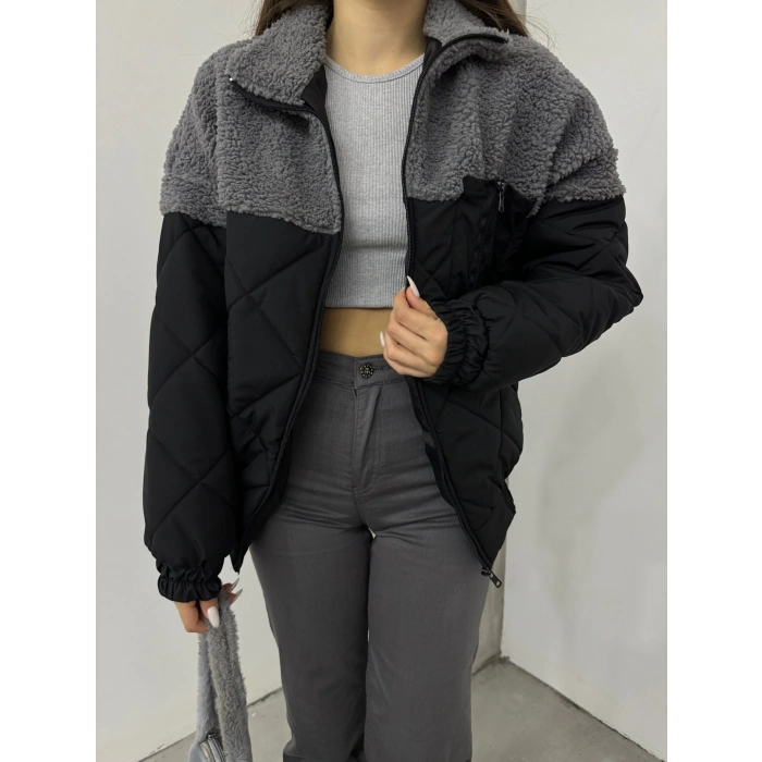 Gri Kapitone İçi Astarlı Kürklü Mont