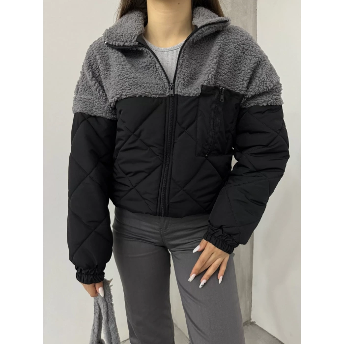 Gri Kapitone İçi Astarlı Kürklü Mont