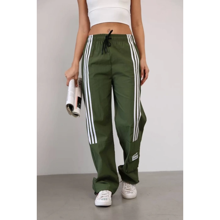 Haki Önden Üç Şerit Paça Cep Detay Paraşüt Eşofman