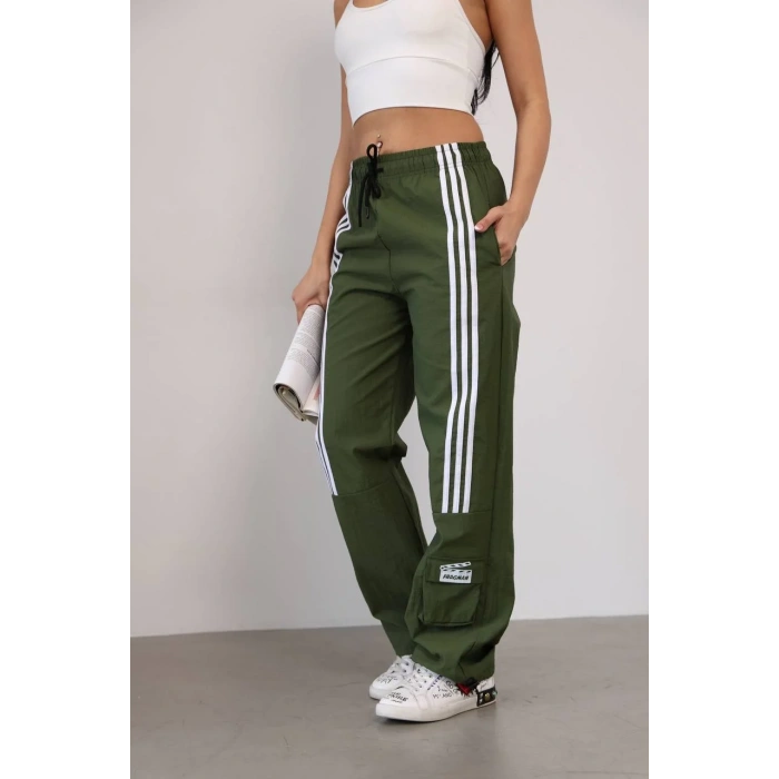 Haki Önden Üç Şerit Paça Cep Detay Paraşüt Eşofman