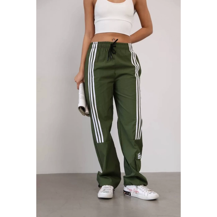 Haki Önden Üç Şerit Paça Cep Detay Paraşüt Eşofman