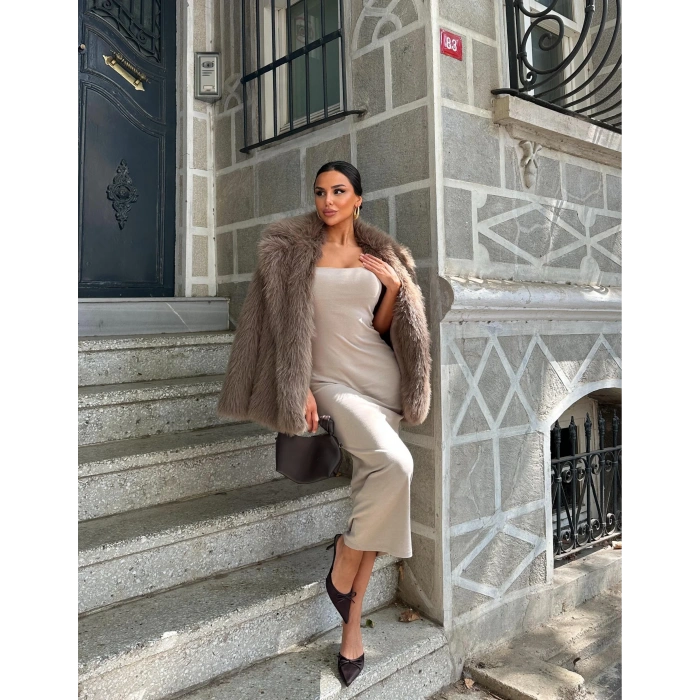 Kahve Ceket Yaka Kürk Kaban