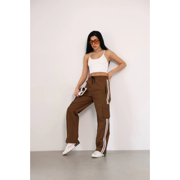 Kahve Çift Şerit Kargo Cep Paraşüt Eşofman