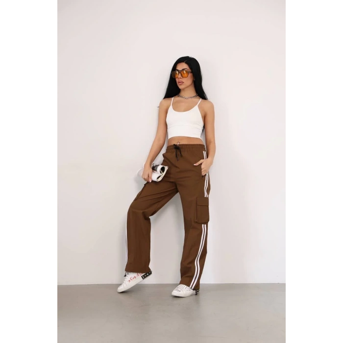 Kahve Çift Şerit Kargo Cep Paraşüt Eşofman