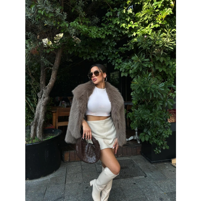 Kahve Şal Yaka İçi Astarlı Kürk Kaban