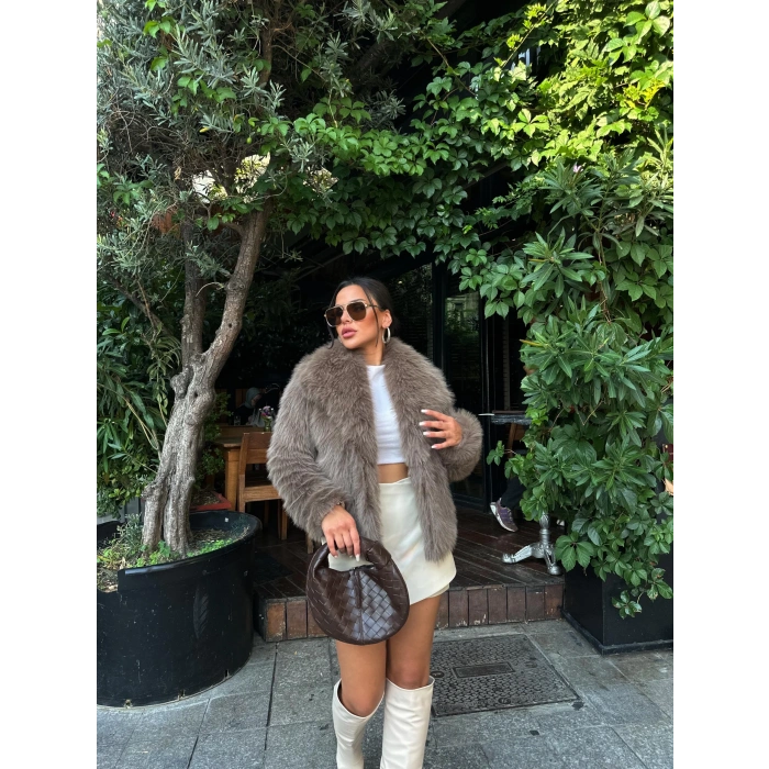 Kahve Şal Yaka İçi Astarlı Kürk Kaban