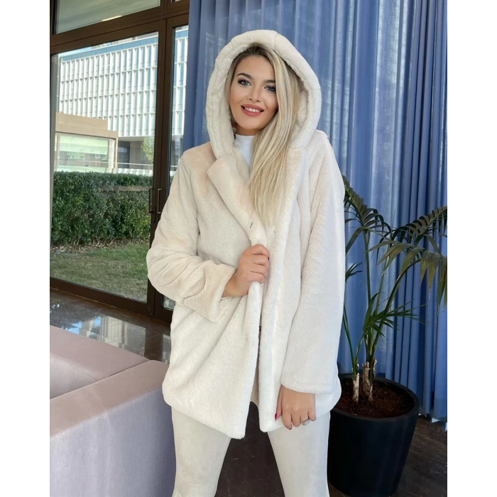 Krem Kapşonlu İçi Astarlı Rabbit Peluş Kaban