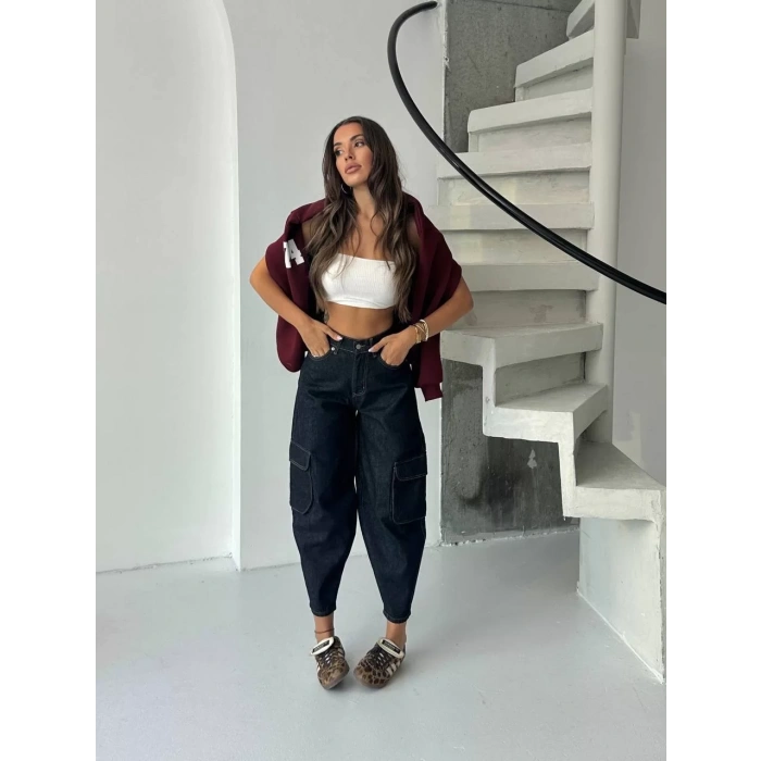 Lacivert Kargo Cep Balon Jean Pantolon