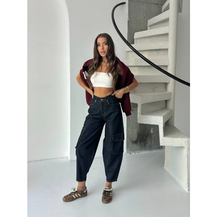 Lacivert Kargo Cep Balon Jean Pantolon