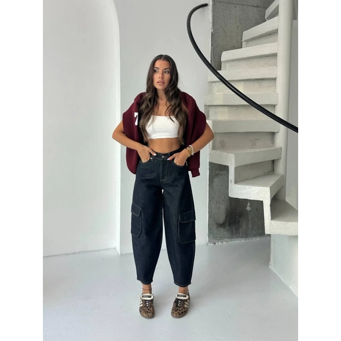 Lacivert Kargo Cep Balon Jean Pantolon