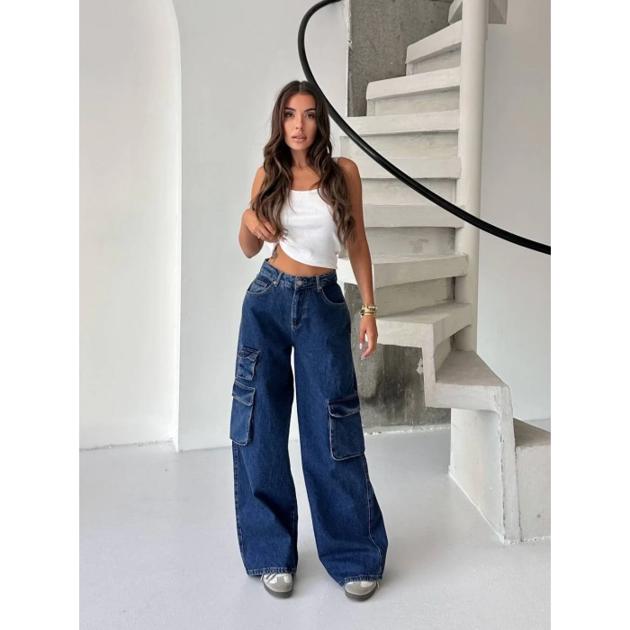 Lacivert Kargo Cep Oversize Kot Pantolon