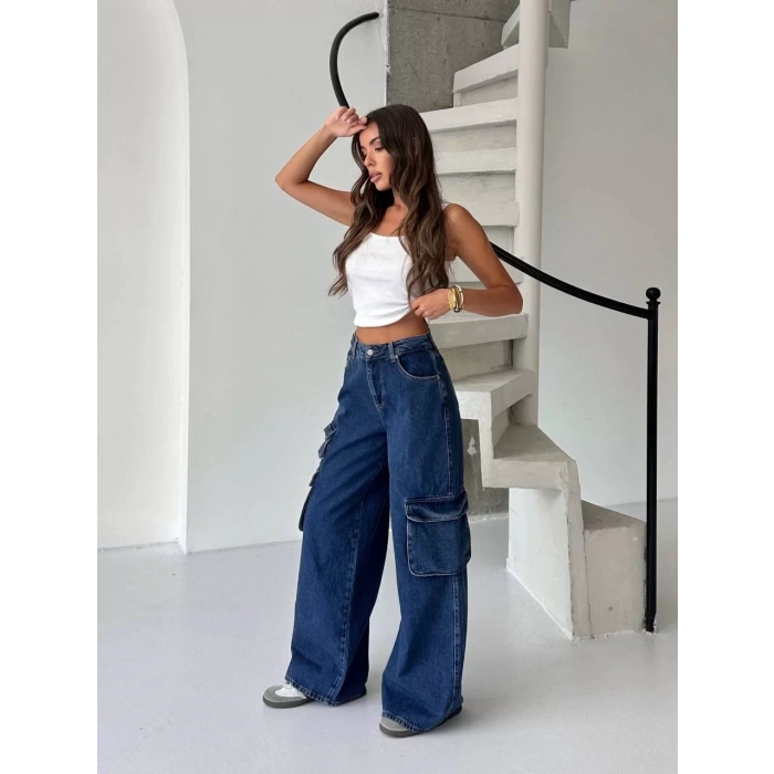 Lacivert Kargo Cep Oversize Kot Pantolon