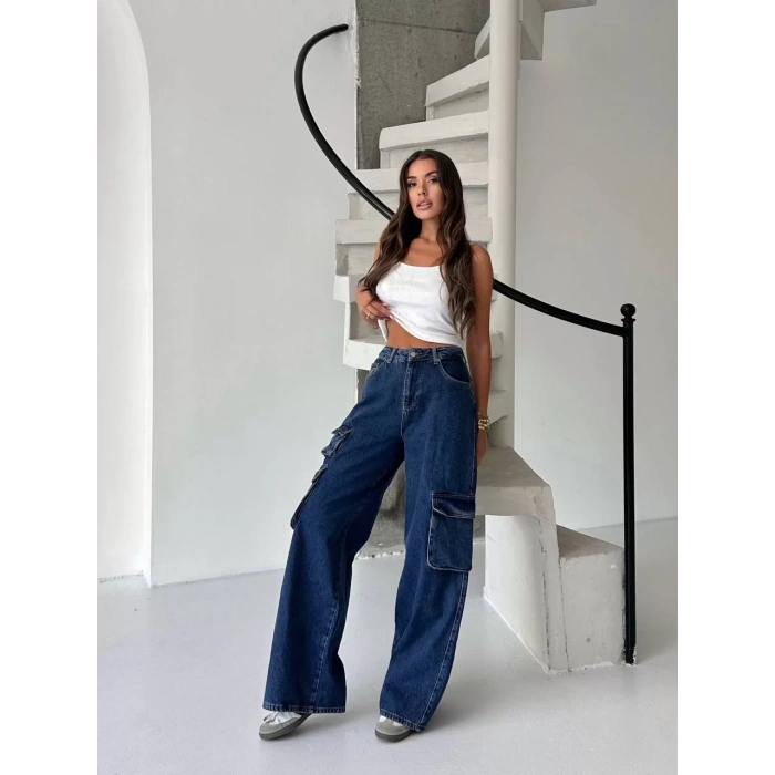 Lacivert Kargo Cep Oversize Kot Pantolon