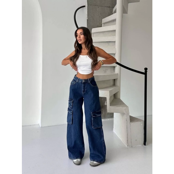 Lacivert Kargo Cep Oversize Kot Pantolon