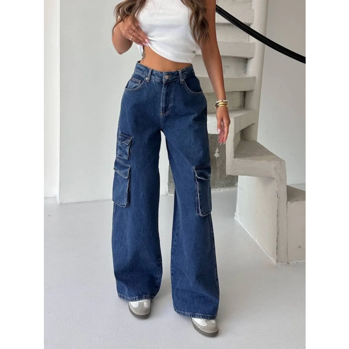 Lacivert Kargo Cep Oversize Kot Pantolon